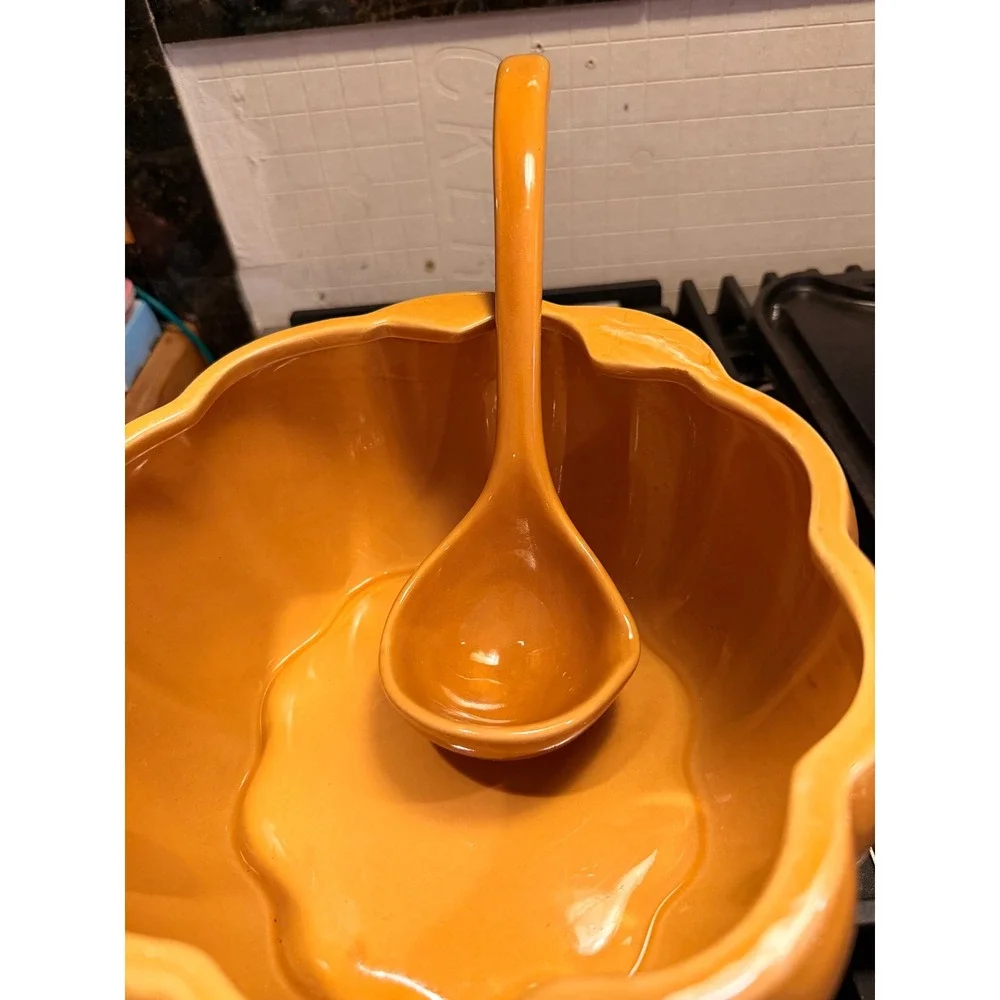 Pier 1 Harvest Gold Ceramic Pumpkin Soup Tureen with Lid and Ladle